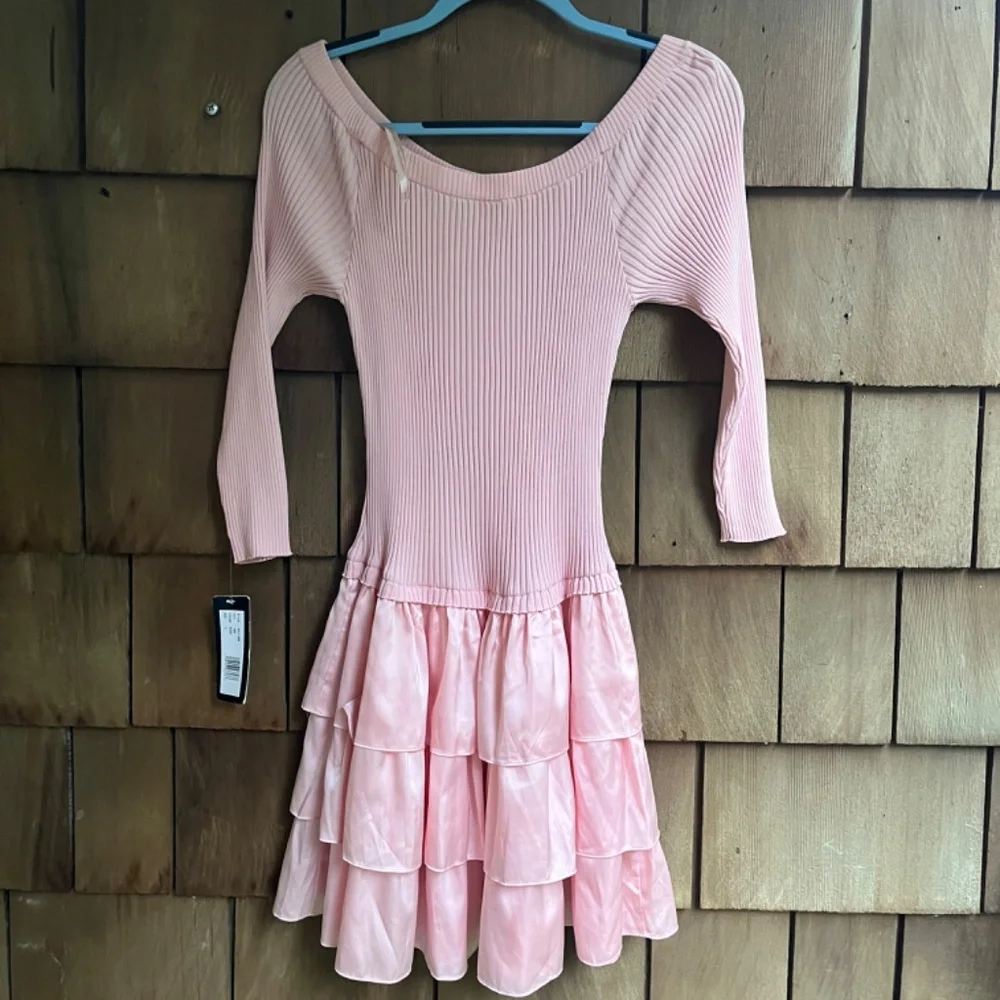 Bebe Off The Shoulder Ribbed Top Tiered Skirt Rose Dress Size L - Picture 9 of 12